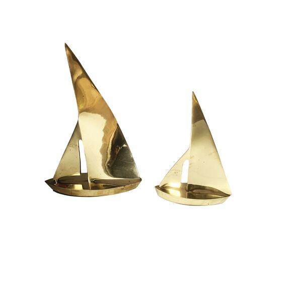 Vintage 60s Brass Sailboat Set of 2 Nautical Decor Beach Boho Brass Ocean Theme - Picture 6 of 12